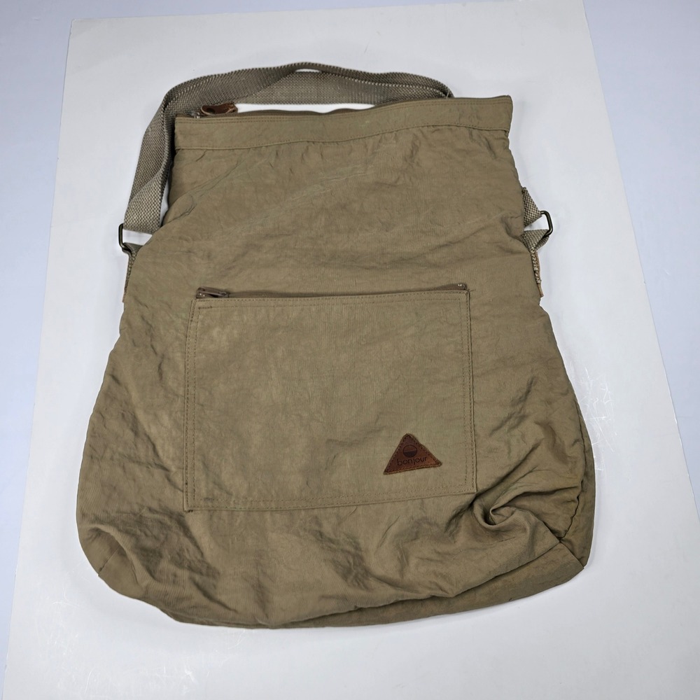 Bonjour Vintage Crossbody Bag Brown Nylon Quilted Messenger Large Utility